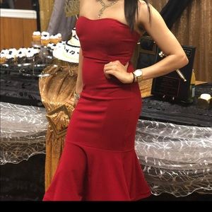 Red Strapless Mid length Formal Dress